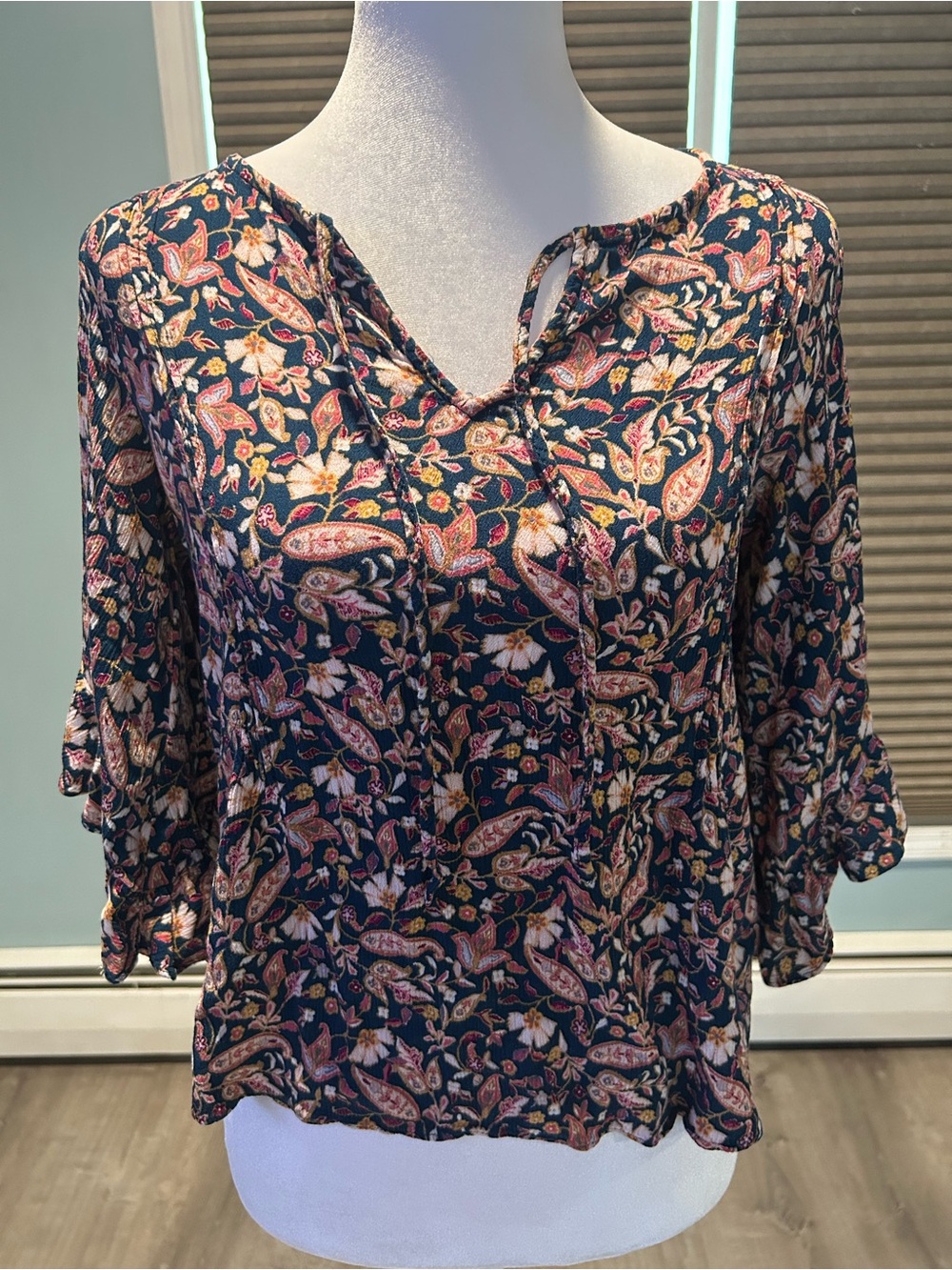 LC Lauren Conrad Navy Floral Paisley Tie-Neck Blouse